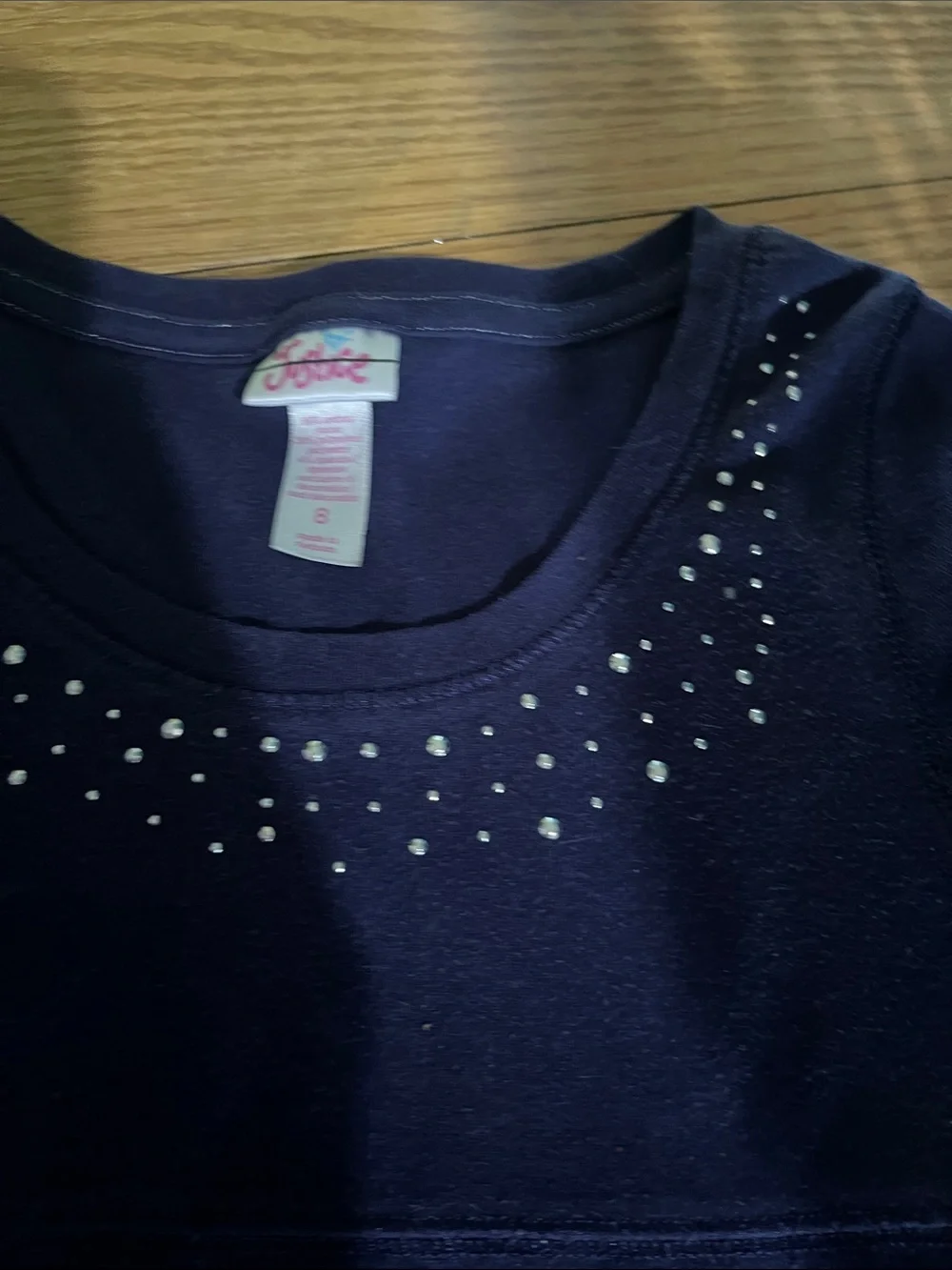 Vintage Justice Navy Short Sleeve Tee with Rhinestone Neckline Juniors size 8